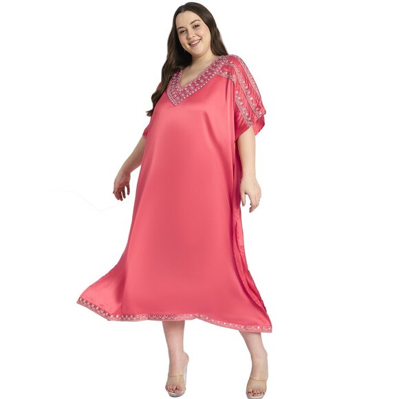 Gypsie Blu Plus Size Satin Solid Embroidery Caftan Dress Kimono Sleeve for Women - Picture 1 of 6